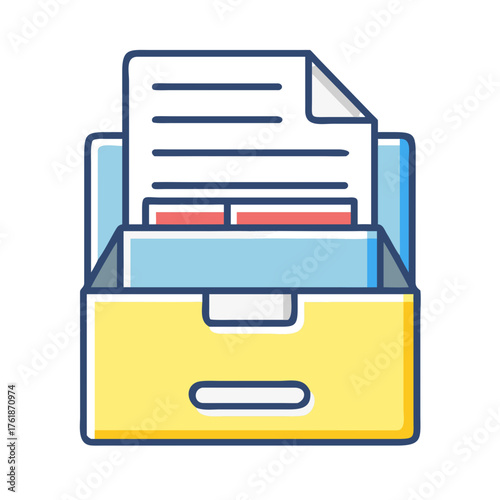 Illustration of a yellow file cabinet drawer filled with documents and red dividers on a white background