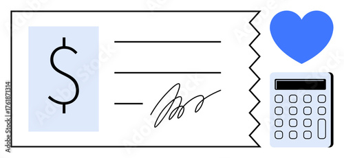 Check with currency symbol, signature lines, calculator for calculation or expense, and heart for emotion. Ideal for finance, accounting, donations, budgeting, love generosity payment concepts