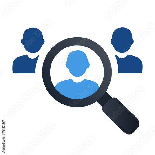 Illustration of a magnifying glass focusing on a person surrounded by other people icons in blue