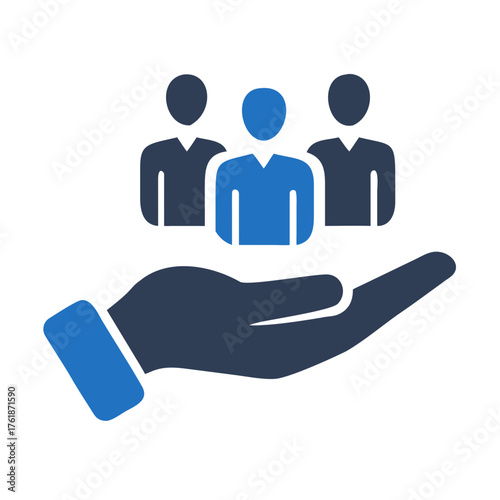 Hand holding a group of people in blue and navy, representing support and teamwork, isolated on white