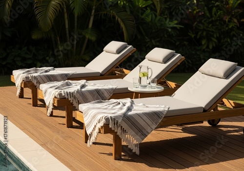 Serene Outdoor Oasis Featuring a Poolside Deck Adorned with Three Wooden Sun Loungers Draped in Soft, Neutral-Hued Linens and Striped Tassel Blankets, Relaxation and Leisure Concept, Blurred Tropical 