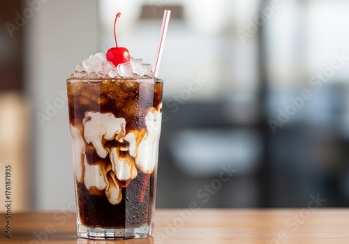 Tall Glass of Dirty Soda with Swirls of Cream Blending into a Dark Cola Base, Topped with Crushed Ice and a Maraschino Cherry, Served with a Striped Straw, Refreshing Drink Concept