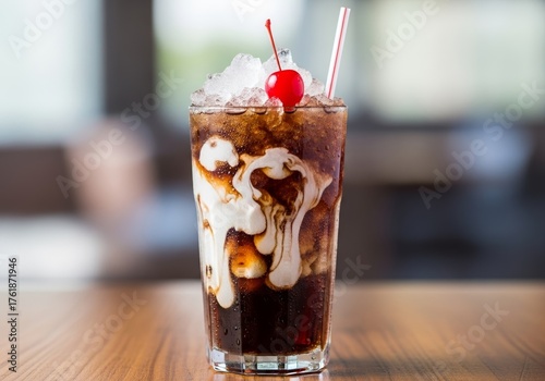 Tall Glass of Dirty Soda with Swirls of Cream Blending into a Dark Cola Base, Topped with Crushed Ice and a Maraschino Cherry, Served with a Striped Straw, Refreshing Drink Concept