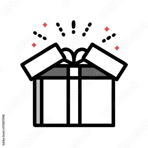 Illustration of a gift box with an open lid and a bow, with decorative dots and stars around it nicely