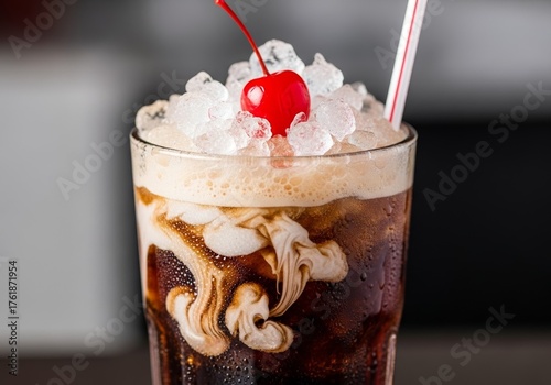 Tall Glass of Dirty Soda with Swirls of Cream Blending into a Dark Cola Base, Topped with Crushed Ice and a Maraschino Cherry, Served with a Striped Straw, Refreshing Drink Concept