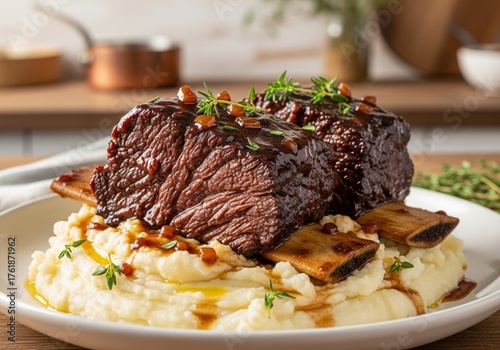 Tender Beef Short Ribs Served Over Creamy Mashed Potatoes, Garnished with Fresh Thyme, Warm and Inviting Culinary Experience for Food Enthusiasts and Home Cooks, Blurred Kitchen Background