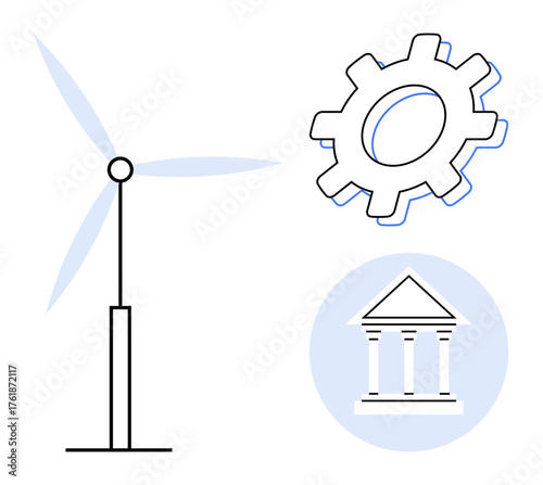 Wind turbine, gear icon, and government building highlight synergy between clean energy, industry, and policy. Ideal for sustainability, innovation, teamwork, economy infrastructure policy