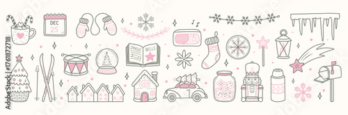 Cozy coquette Christmas doodle set with cute holiday icons. Hand drawn pastel pink and green winter elements including gifts trees cookies mittens  snowflakes. Vector festive illustration collection