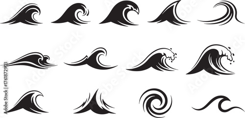 Ocean wave icons set, surfing waves, water splash, sea swell, ripple, surf crest, abstract wave shapes vector.