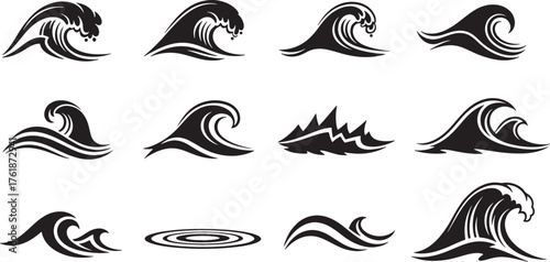 Ocean wave icons set, surfing waves, water splash, sea swell, ripple, surf crest, abstract wave shapes vector.