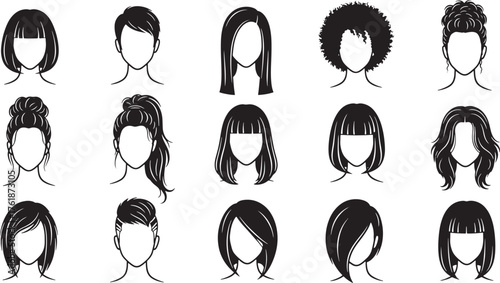 Women hairstyle icons set, short, bob, bangs, braid, updo, curly, wavy, layered, medium, long, salon vector.