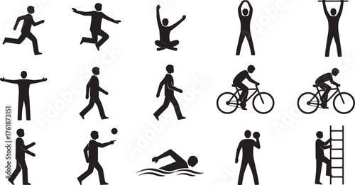 Active people silhouette icons set, running, jumping, sitting, dancing, stretching, walking, cycling, climbing, pointing poses vector.