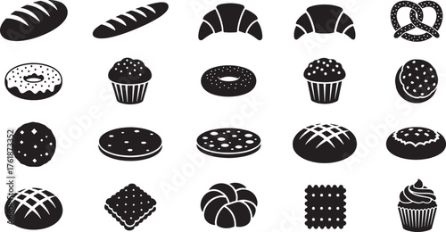 Bakery and dessert icons set, bread loaves, croissant, pretzel, donut, muffin, cookies, biscuits, sweet pastry vector.