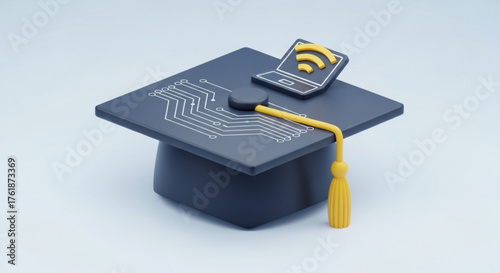 Graduation cap with circuit board pattern and laptop icon for technology and education concepts