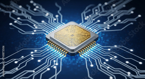 Closeup of a computer processor with golden accents and intricate circuit patterns, symbolizing advanced technology and computing power