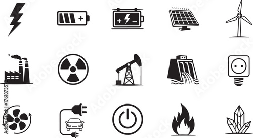 Energy and industry icons set, lightning bolt, battery, renewable solar wind, factory, nuclear, oil rig, socket, light bulb, fan, power button, plug, fire, crystal vector.