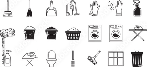 Cleaning and laundry icons set, broom, dustpan, vacuum, spray bottle, sponge, gloves, bucket, washing machine, ironing board, mop, scrubber, trash bin vector.