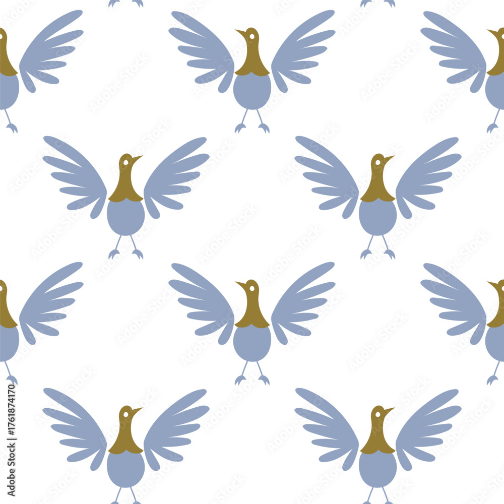 Obraz premium Vector seamless pattern with stylized birds in blue and golden shades. Modern folk art inspired design with symmetry and rhythm. Repeat background for textile, wallpaper, wrapping paper and home decor