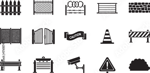 Property fencing and safety icons set, gate, barrier, warning cone, CCTV, caution sign, wall vector.