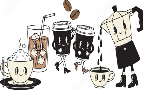 Vintage 1930s style cartoon coffee character set with various drinks and moka pot