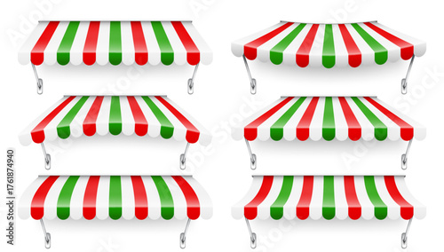Shop sunshade with metal holder. Realistic striped cafe awning. Outdoor market tent. Roof canopy in Italian flag colors. Summer street store. Vector illustration