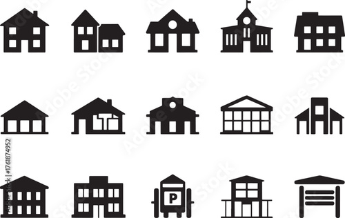 Black And White Silhouette Icons Featuring Various Styles of Buildings and Architectural Structures Illustration