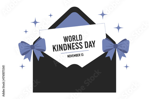 World kindness day card in an envelope isolated on white background, with bows and stars, celebrating kindness and compassion on november 13th vector illustration