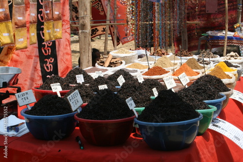 Traditional spices market in India, texture, background, travel illustration 