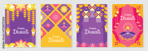 Happy Diwali light festival poster vector set. Diwali festival wallpaper design with colorful lantern, floating lights, firework. Culture Illustration design for celebration, greeting, card, ads.