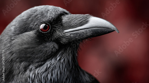 Close-up of a raven with detailed feathers and a red background.