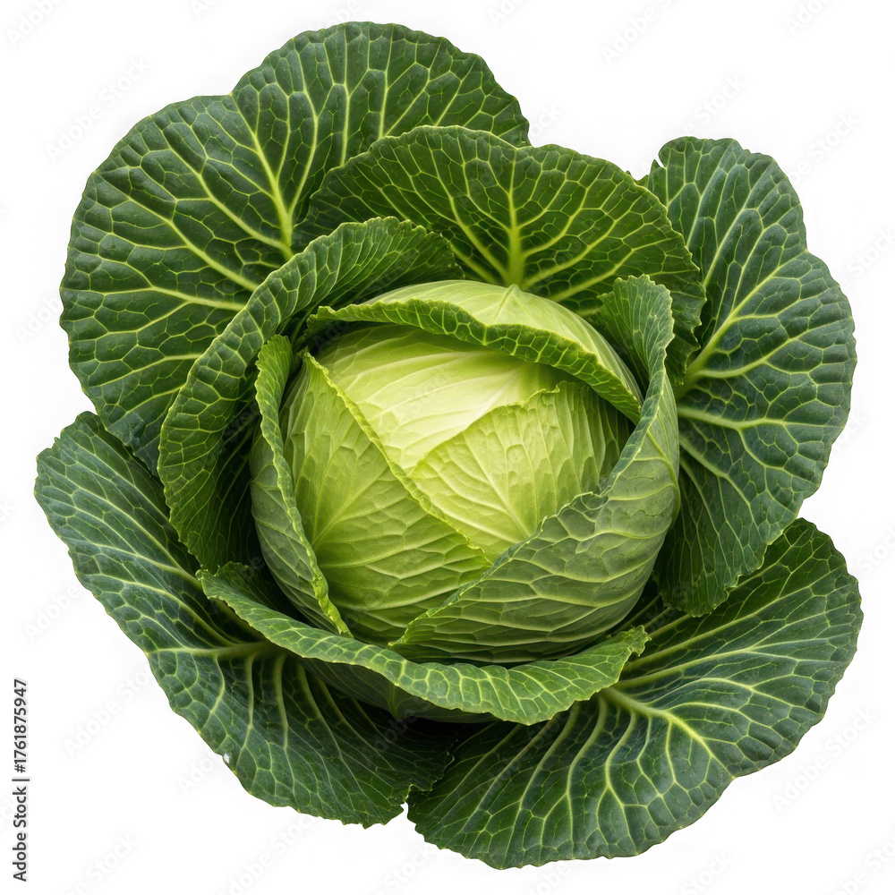 Obraz premium Fresh green cabbage head healthy vegetable food close up top view isolated on transparent background