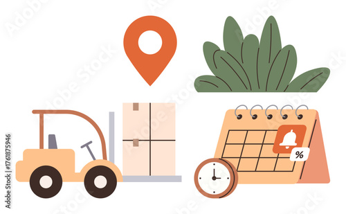 Forklift transporting boxes, calendar with notification and discount label, clock, location pin. Ideal for logistics, delivery, scheduling, time management, productivity organization strategy