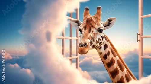 Giraffe gazing through a window framed by fluffy clouds and a sunset sky