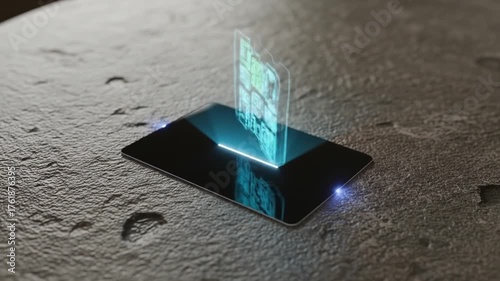 Futuristic floor plan hovers above a dark tablet on a rough moonlike surface