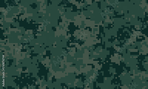 Abstract digital camouflage pattern.  Dark green pixelated texture ideal for backgrounds, website design, military themes, or fabric prints.  Conveys stealth, concealment, and strategic concepts.