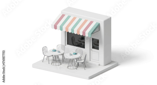 Isometric Cafe Exterior with Striped Awning and Tables.