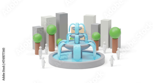 Cartoon-Style Blue Fountain with Surrounding Trees and Buildings.