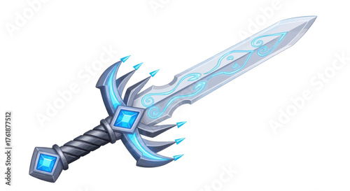 Detailed Fantasy Sword with Blue Glowing Accents and Design.