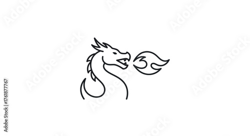 Minimalist Black Line Art Dragon Breathing Stylized Fire Flame Icon.
