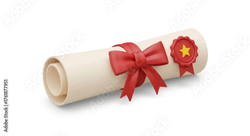 Rolled Diploma Certificate with Red Ribbon and Wax Seal.