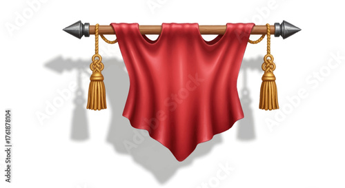 Red banner with tassels hanging from a wooden rod with spearhead finials.
