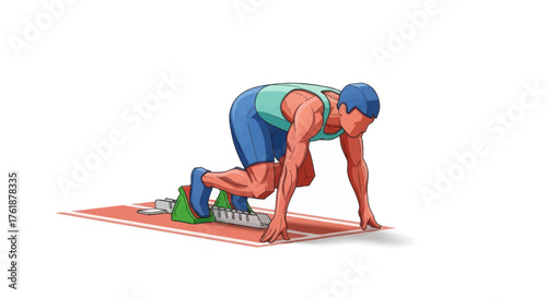 Athlete poised at starting blocks for sprint race on track.