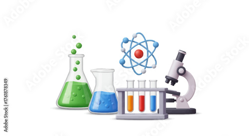 Scientific Laboratory Equipment and Atomic Model Illustration.