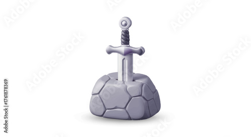 Cartoon Style Legendary Sword Stuck in Grey Polygonal Stone.