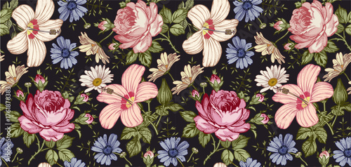 Seamless pattern. Beautiful pink blooming realistic isolated flowers. Vintage background. Set Chamomile Roses hibiscus mallow wildflowers. Wallpaper. Drawing engraving. Vector victorian Illustration