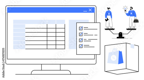 Computer screen displaying data table and checklist, team collaboration balancing work ideas, shopping bag symbolizing commerce. Ideal for teamwork, productivity, work-life balance, e-commerce