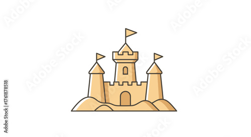 Cartoon Sandcastle with Towers Flags and Detailed Outline.