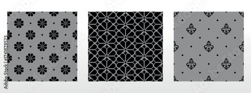 Geometric floral set of seamless patterns. Gray and black vector backgrounds. Damask graphic ornaments