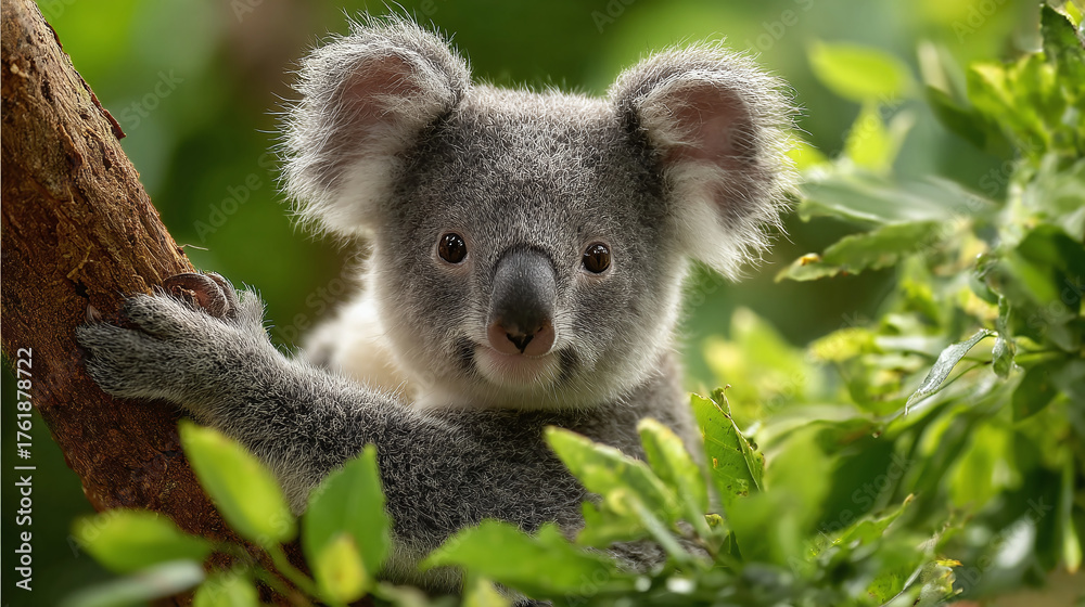 Obraz premium A sweet Koala perched high on a eucalyptus tree, looking directly at the camera, surrounded by lush greenery, making for an adorable sight.