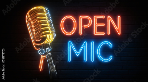 Vintage-style, glowing open mic night neon sign against a dark brick wall, perfect for inviting performers and audiences to a vibrant event.